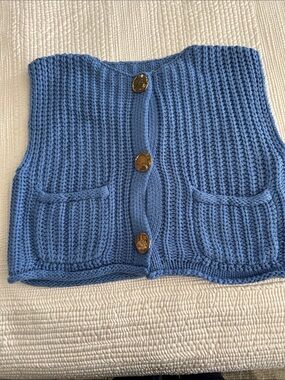 Commense Blue Knit Button Front Vest with Pockets